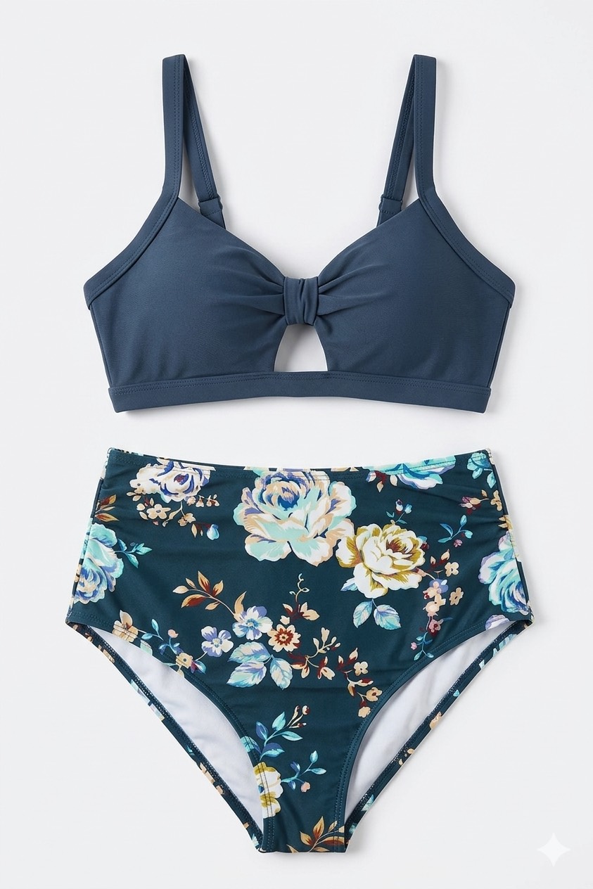 23 بیکینی دوتکه زنانه Cupshe مدل High-Waisted Floral - رنگ سرمهای تیره - تصویر 1