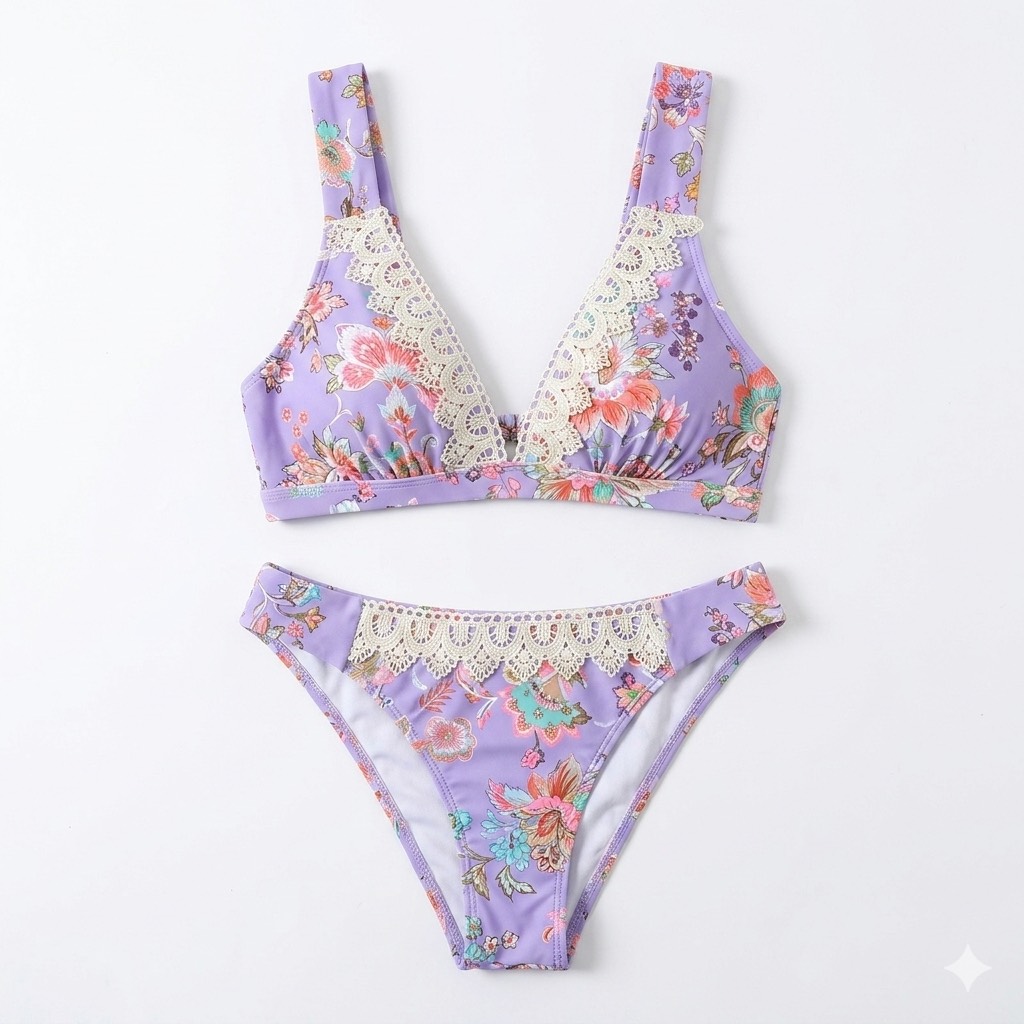 24 بیکینی دوتکه Cupshe مدل Dreamy Garden – رنگ بنفش یاسی با تزیینات توری (Lace) - تصویر 1