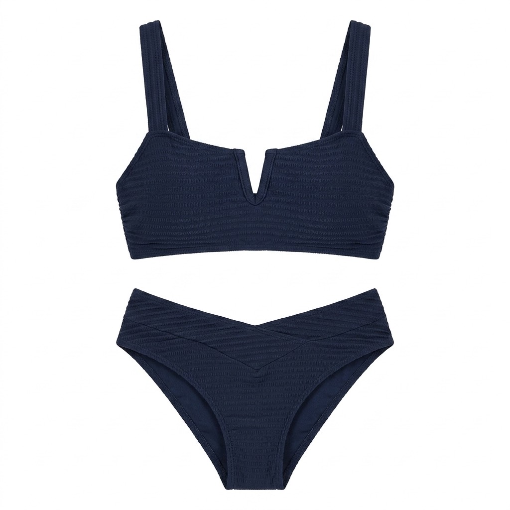 25 بیکینی دوتکه Cupshe مدل Ribbed V-Neck - رنگ سرمهای (Navy) با پارچه کبریتی - تصویر 1