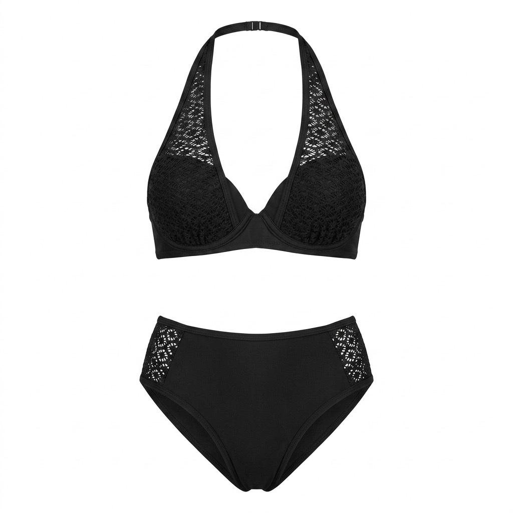 26 بیکینی دوتکه Cupshe مدل Crochet Halter – رنگ مشکی با جزئیات بافت ظریف (گیپور) - تصویر 1