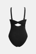 مایو یک‌تکه Cupshe مدل Black Ginger Ribbed & Ruched – مشکی، کبریتی و فرم‌دهنده با یقه هفت عمیق - تصویر 2