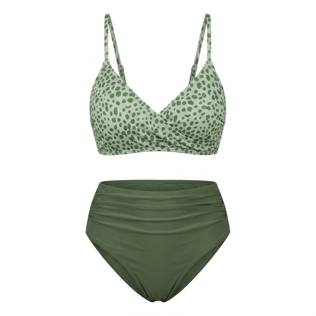 38 ست بیکینی Cupshe مدل Green Leopard Surplice – پلنگی سبز، یقه Surplice و پایینتنه فاقبلند چیندار - تصویر 1